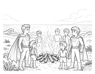 Tegning til farvelægning med en superheltefamilie i kapper, der står omkring et bål på stranden med bølger i baggrunden