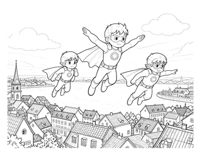 Tegning til farvelægning med tre superhelte, der flyver i formation over tage, kirketårn og havn i en dansk by.