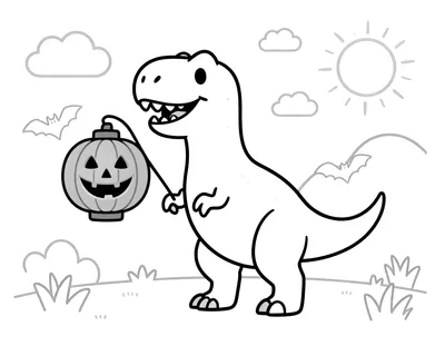 Tegning til farvelægning af en smilende Tyrannosaurus rex, der holder en græskarlygte med ansigt i en mark med græskar og flagermus.