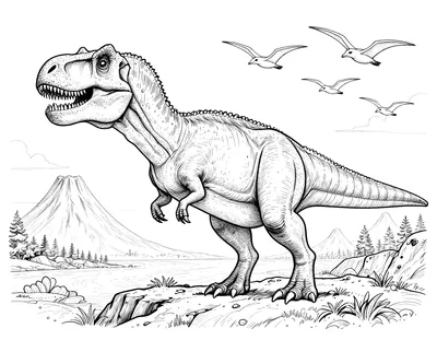 Tegning til farvelægning af en Tyrannosaurus rex, der står på en klippe foran en vulkan og en flod med flyvende øgler i baggrunden.