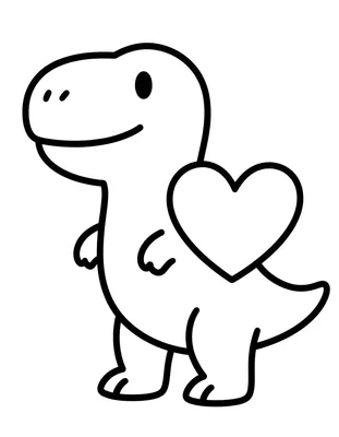 Tegning til farvelægning af en Tyrannosaurus rex, der holder et stort hjerte med sine små arme.