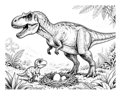 Tegning til farvelægning af en Tyrannosaurus rex med to små unger ved en rede med æg i en dal med bregner.