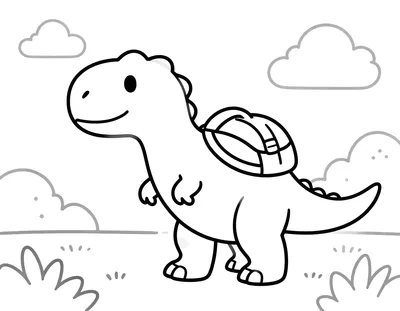 Tegning til farvelægning af en smilende Tyrannosaurus rex med rygsæk, der går ad en sti i junglen på sin første skoledag.