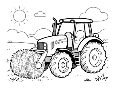 Tegning til farvelægning af en traktor med frontlæsser, der løfter en rundballe på en mark under solen.