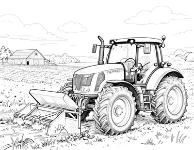Tegning til farvelægning af en traktor med gyllevogn på en mudret mark en efterårsdag med vandpytter, skyer, en lade i baggrunden og måger.