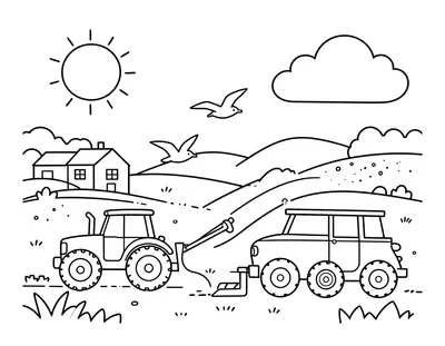 Tegning til farvelægning af en traktor, der pløjer en mark, mens måger følger efter, og en gård ligger i baggrunden.