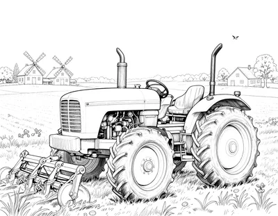 Tegning til farvelægning af en veterantraktor, der trækker en såmaskine over en dansk mark ved daggry med gård, læhegn og fugle i baggrunden.