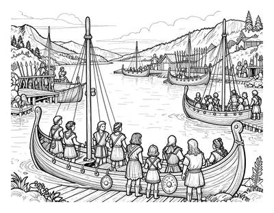 Tegning til farvelægning af en vikingehavn på sankthansaften med et stort bål, langskibe ved træbrygger og familier i tunikaer under en tusmørkehimmel.