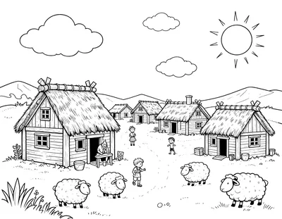 Tegning til farvelægning af en vikingelandsby med stråtag på langhuset, en smed ved sin esse, får og børn, der leger mellem husene.