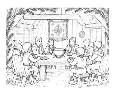 Tegning til farvelægning af et vikingelanghus indvendigt med en lang træbænk, en gryde over ildstedet og en familie, der spiser julemad sammen.