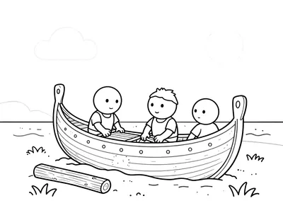 Tegning til farvelægning af tre vikinger, der bygger et langskib af træplanker på en strand med værktøj og tømmerstokke omkring.
