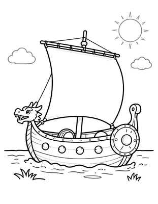 Tegning til farvelægning af et vikingeskib med firkantet sejl, udskåret dragehoved i stævnen og runde skjolde langs rælingen.