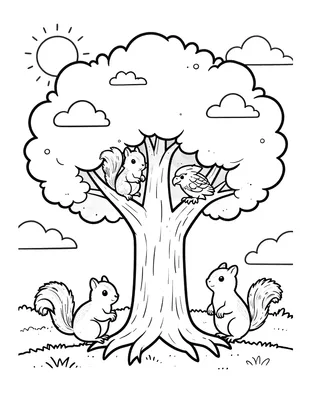 Tegning til farvelægning af det store verdenstræ Yggdrasil med kraftige rødder, egern i grenene og en ørn på en gren.
